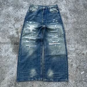 Ripped Wide Leg Denim Jeans Mens Size 32 Vintage Y2K Baggy Distressed Streetwear